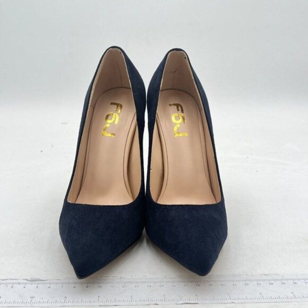 FSJ Navy Suede Gold Metal Chain Chunky High Heel Pointed Toe Slip On Prom Shoes - Picture 3 of 8